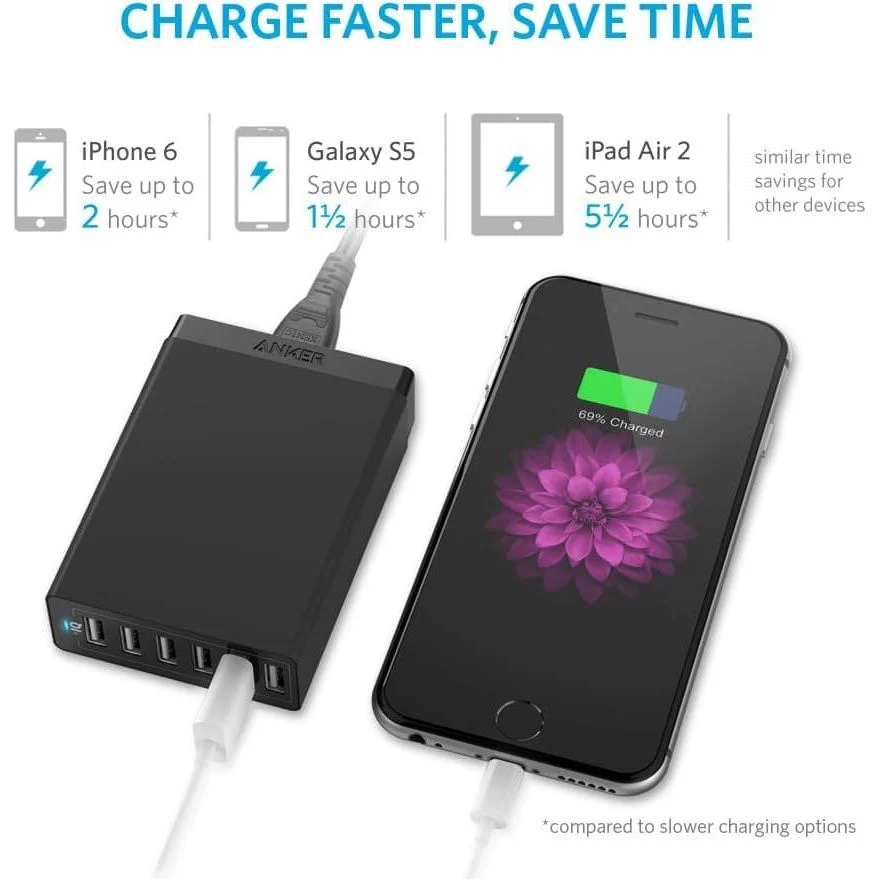 Anker PowerPort 60 W 6-Port Family-Sized Desktop USB Charger with PowerIQ Technology for Smartphones - White